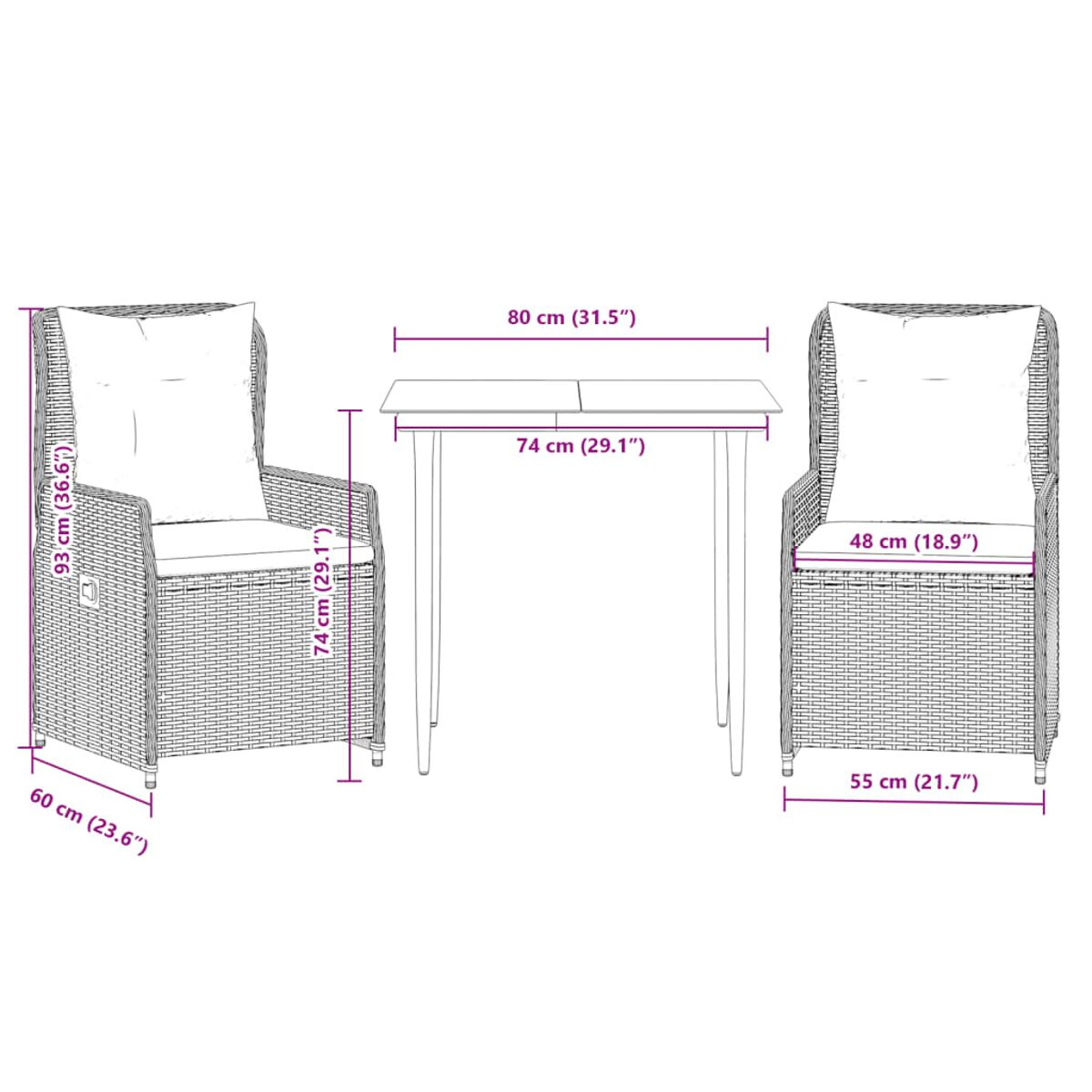 Set da pranzo in vimini per esterni con due sedie e un tavolo, dimensioni indicate in cm e pollici, sfondo bianco.