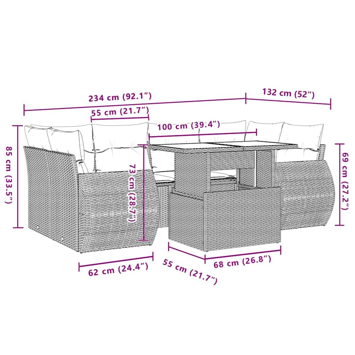 Diagramma di un divano angolare da esterno con un tavolo, con dimensioni in cm e pollici.