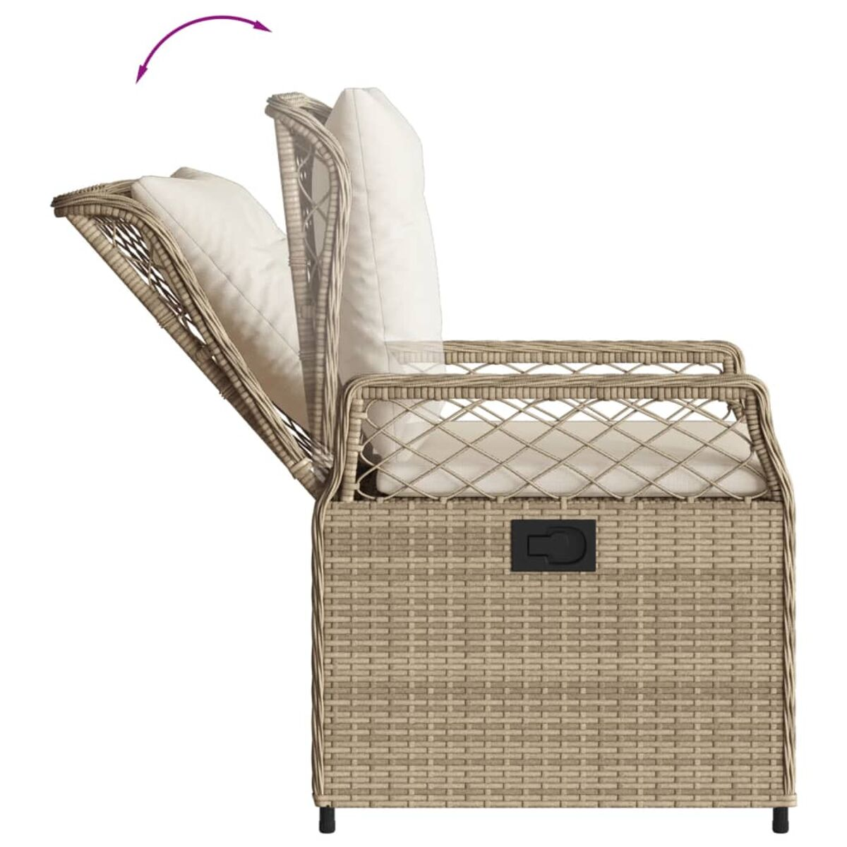 Vista laterale di sedia in rattan beige con cuscino sollevato, rivelando vano portaoggetti.