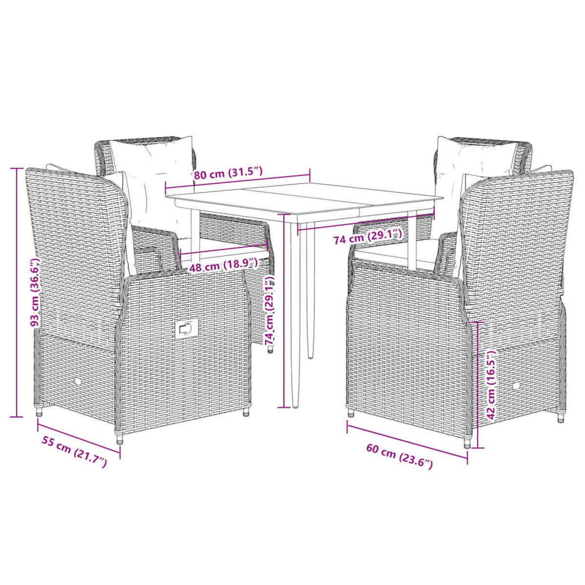 Set da pranzo in vimini con dimensioni. Tavolo e sedie su sfondo bianco.