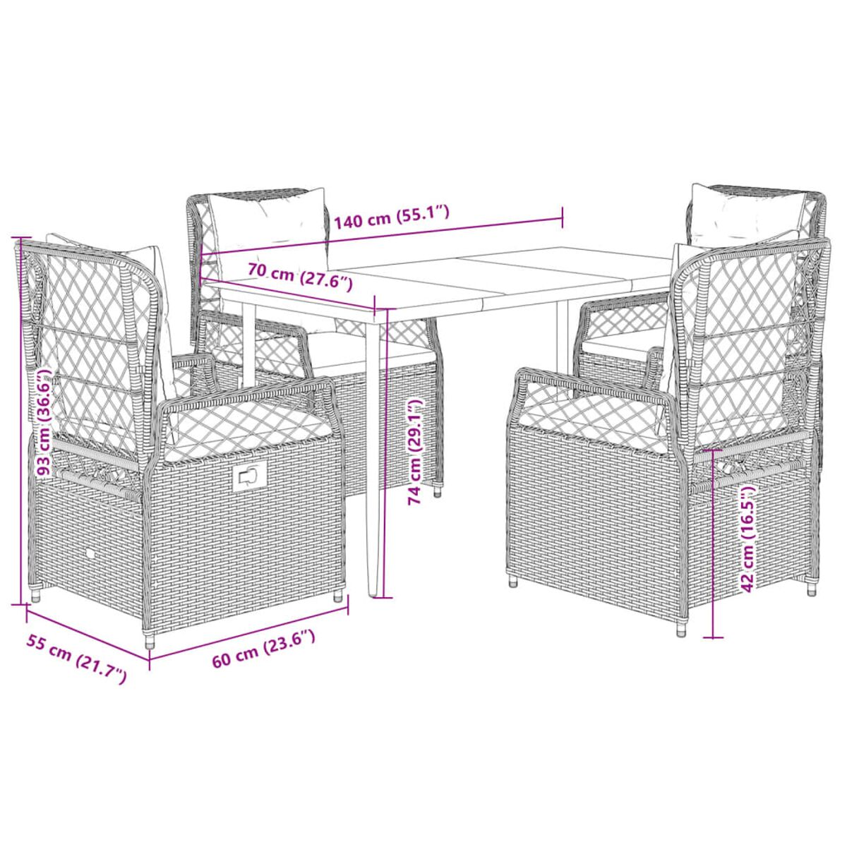 Diagramm eines Ess-Sets aus Korbgeflecht für den Außenbereich mit Tisch und Stühlen. Abmessungen in cm und Zoll werden angezeigt.