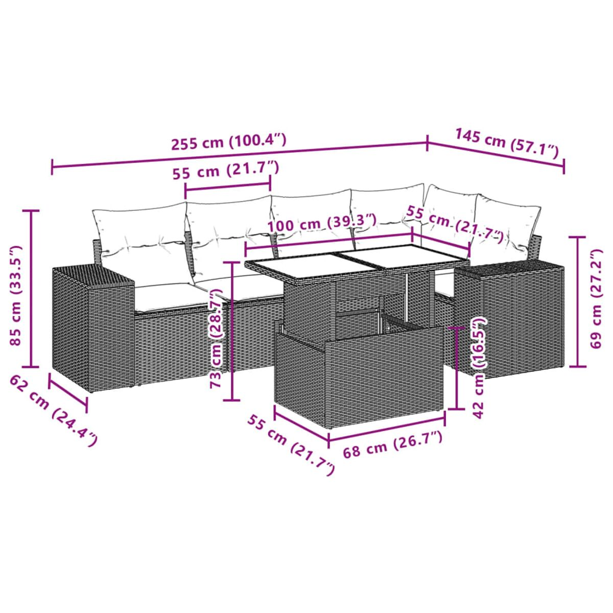 Gartenmöbelset mit Sofa und Tisch, Abmessungen in cm und Zoll angegeben.