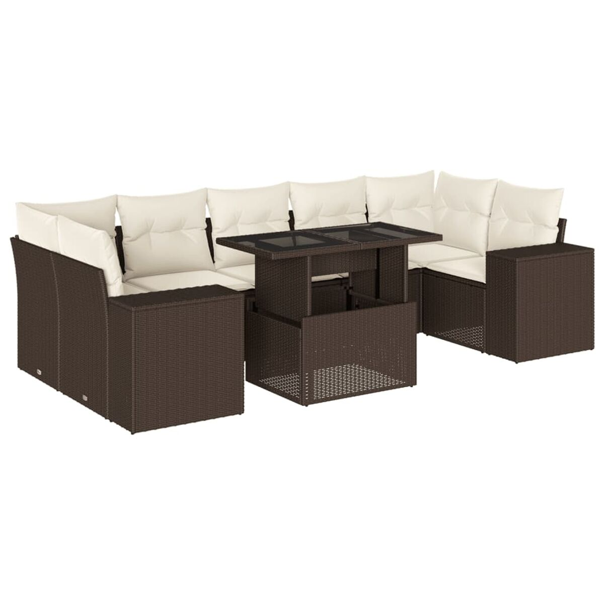 Set divano angolare in rattan marrone con cuscini color crema e tavolo.