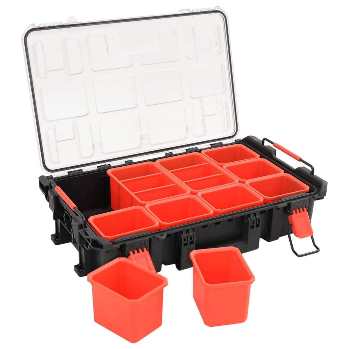 Eine offene schwarze Werkzeugkiste mit mehreren orangefarbenen Behältern. Die Behälter dienen zur Organisation.