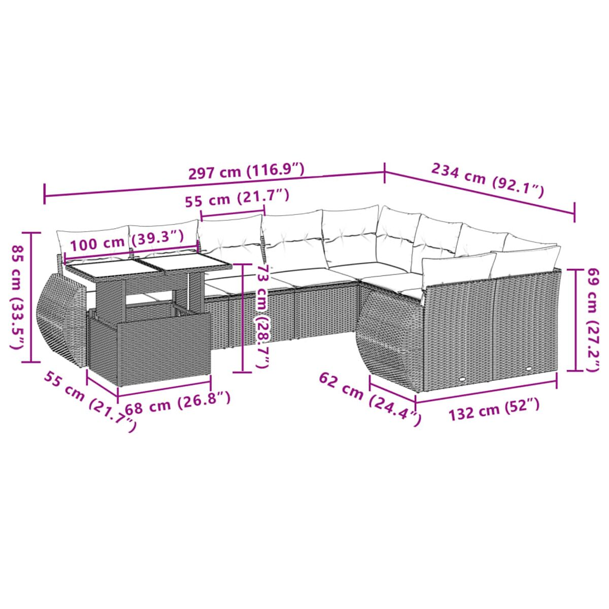 Diagramma di mobili componibili per esterni con misure in centimetri e pollici.