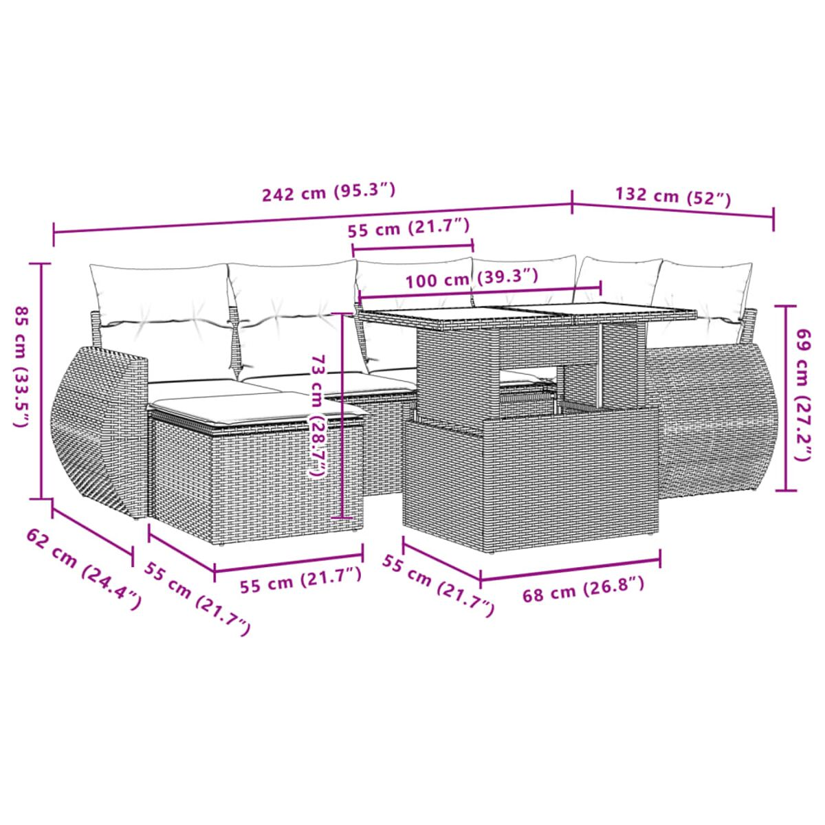 Set di mobili in vimini da esterno con tavolo e divani. Le dimensioni sono indicate in centimetri e pollici.