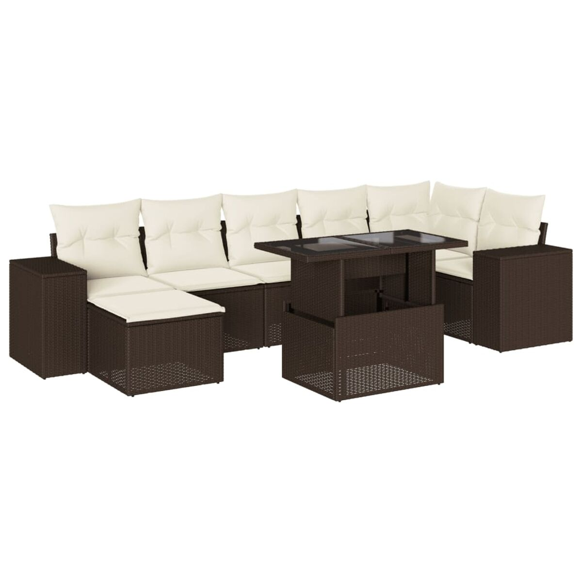 Divano angolare in rattan marrone scuro con cuscini color crema e tavolo con piano sollevabile. Sfondo bianco.