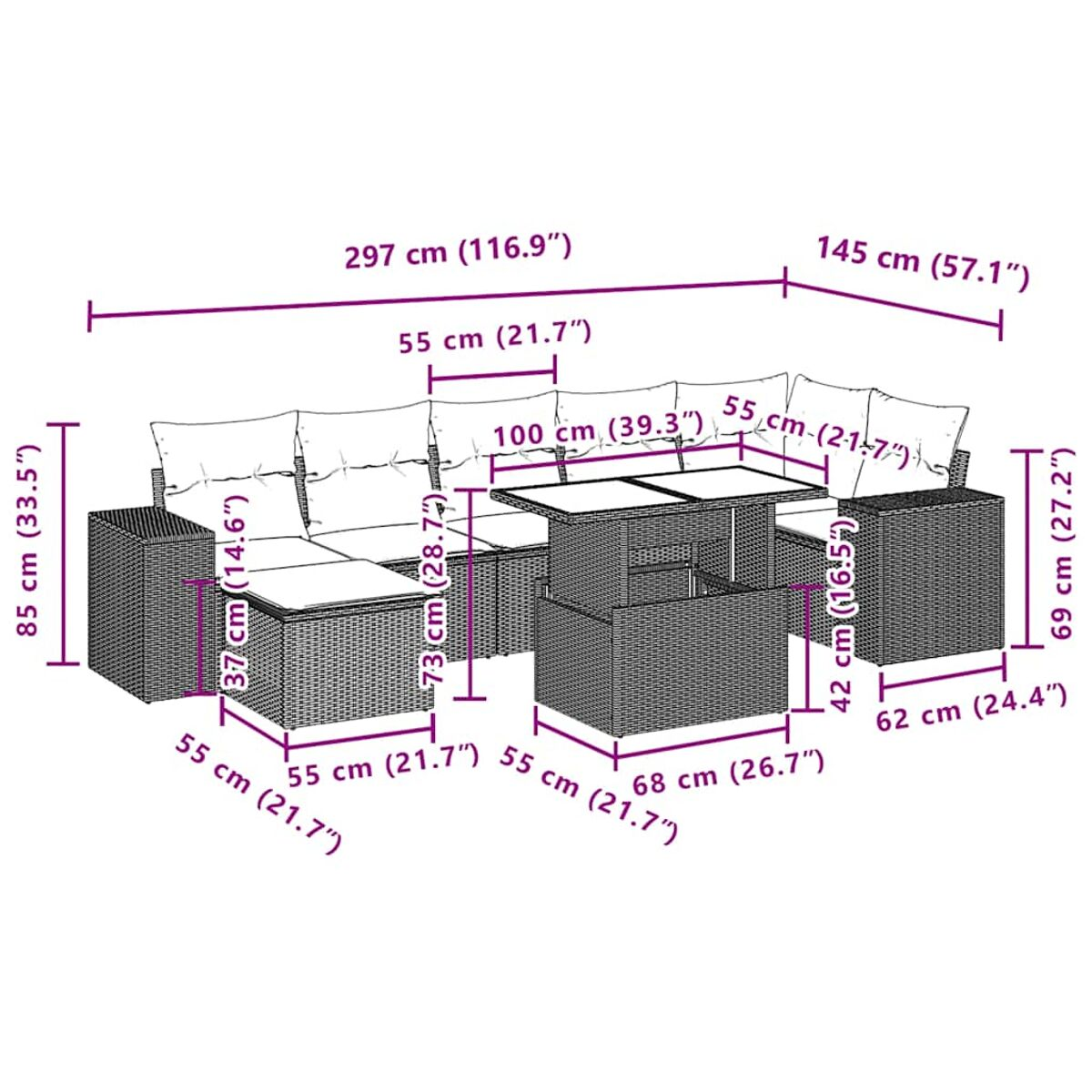Diagramma di un set divano componibile in rattan con tavolo, le dimensioni sono visualizzate in cm e pollici.