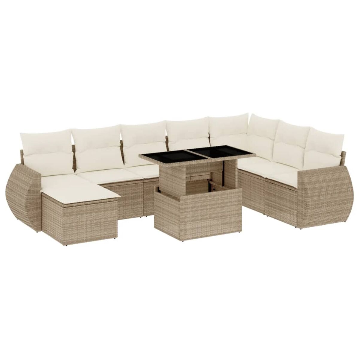 Divano angolare in rattan beige con tavolo e cuscini color crema. Tavolo con piano in vetro. Bianco.