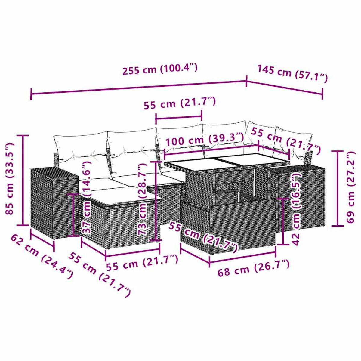 Diagramm eines Eck-Outdoor-Sets mit Abmessungen. Das Set beinhaltet einen Tisch und Sitzgelegenheiten.