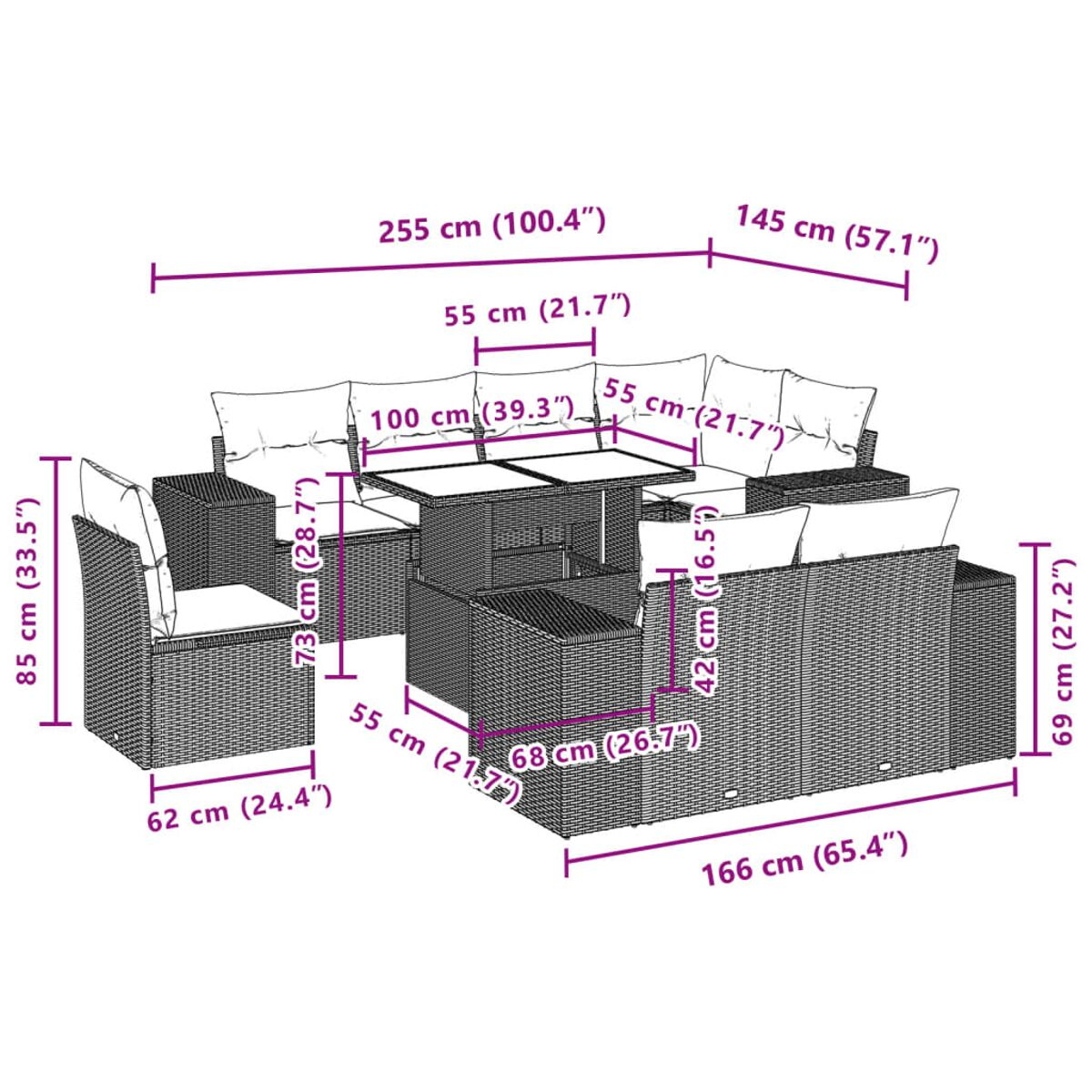 Ein Eck-Terrassenmöbel-Set mit in Zentimetern und Zoll beschrifteten Abmessungen.