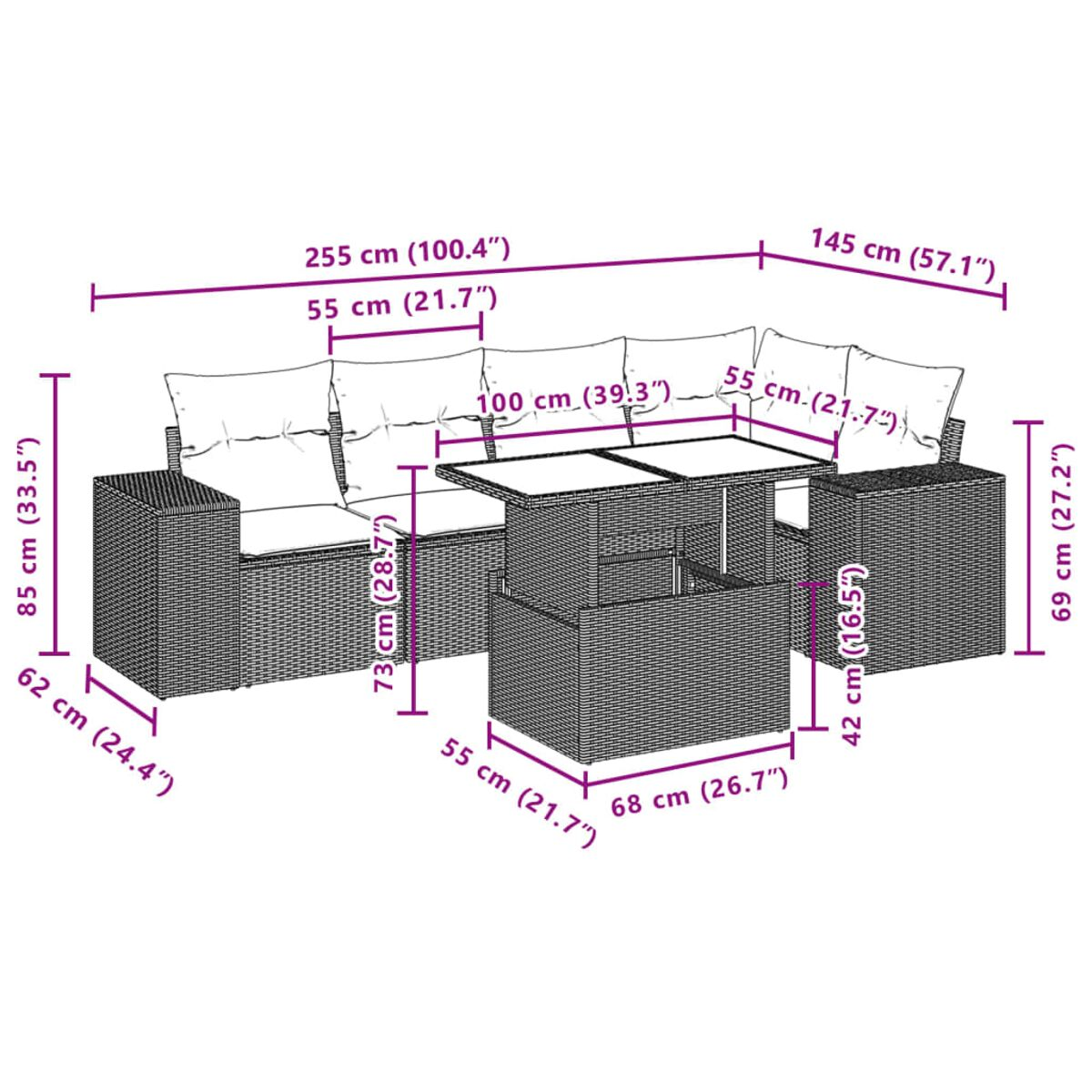 Diagramm von Gartenmöbeln. Abmessungen sind in Zentimetern und Zoll angegeben. Sofa und Tisch mit Hubfunktion dargestellt.