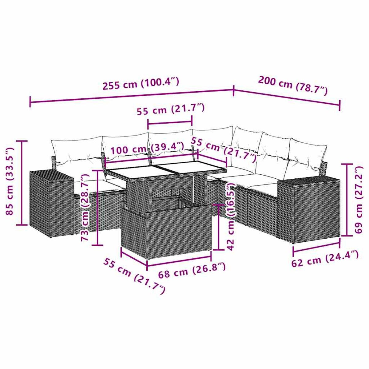 Diagramma di un set divano componibile e tavolo con dimensioni in centimetri.
