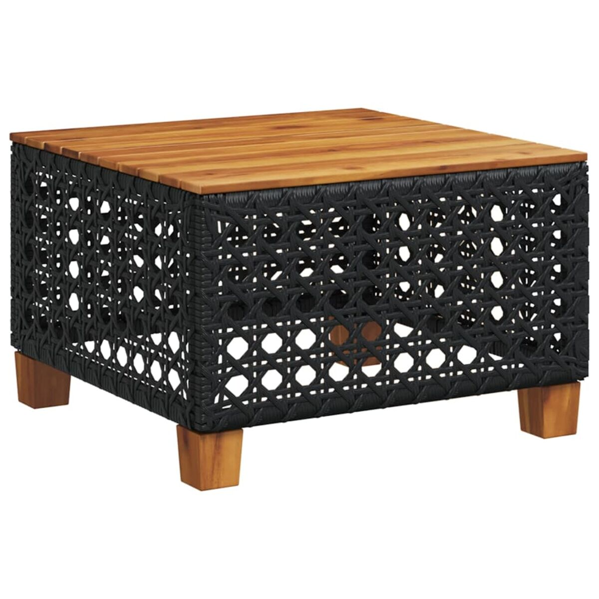 Quadratischer schwarzer Rattantisch mit Holzplatte und -beinen. Offenes Webdesign.