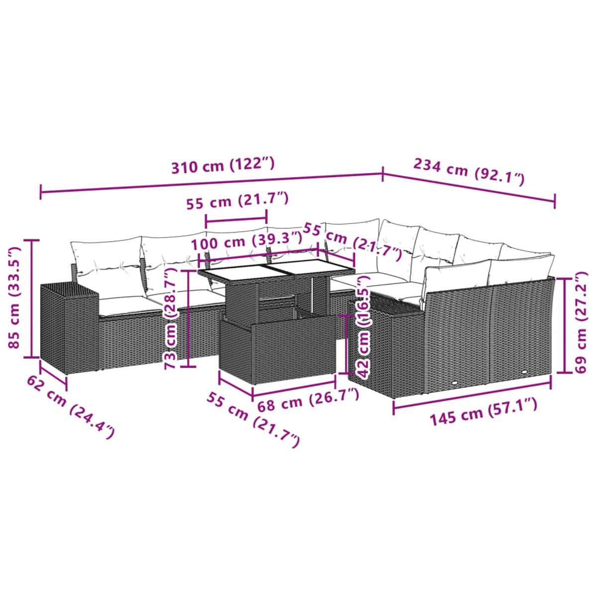 Diagramma di un divano componibile in rattan da esterno con dimensioni in cm e pollici, sfondo bianco.
