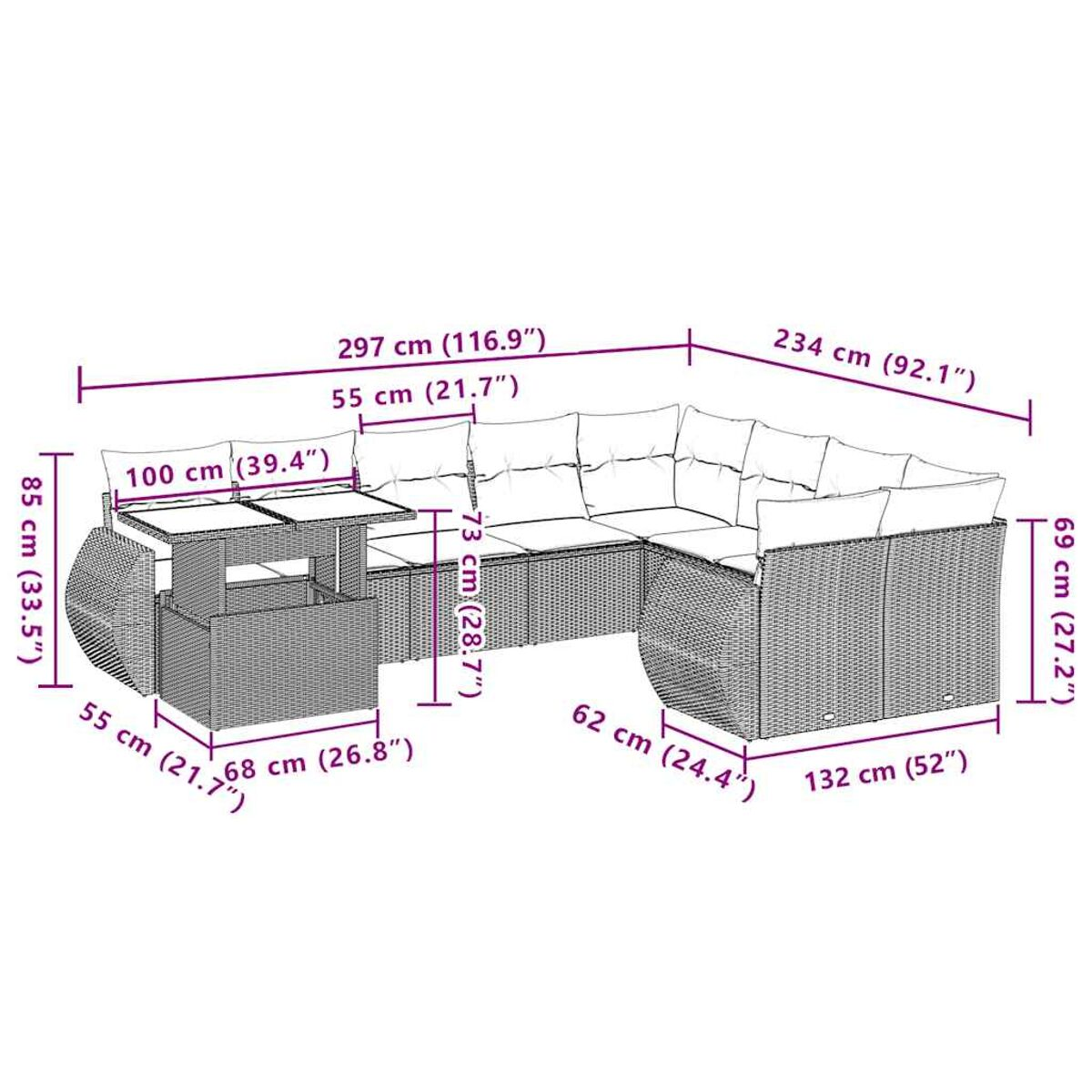 Outdoor-Ecksofa mit Abmessungen in Zentimetern und Zoll beschriftet.