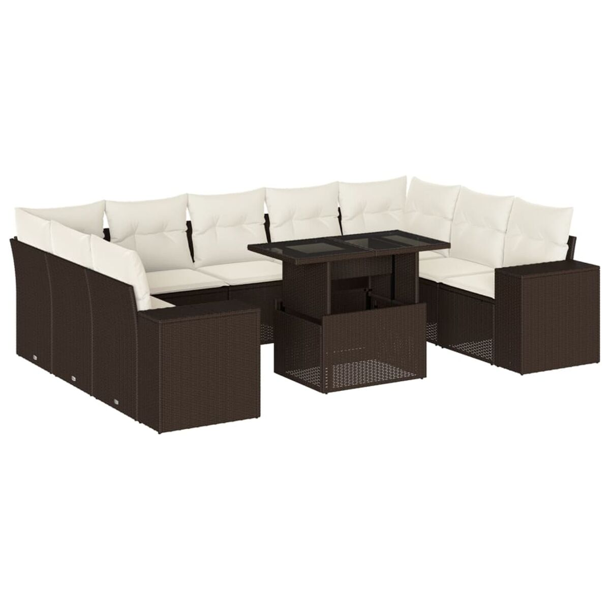 Divano angolare in rattan marrone con cuscini bianchi e tavolo con alzata, sfondo bianco.