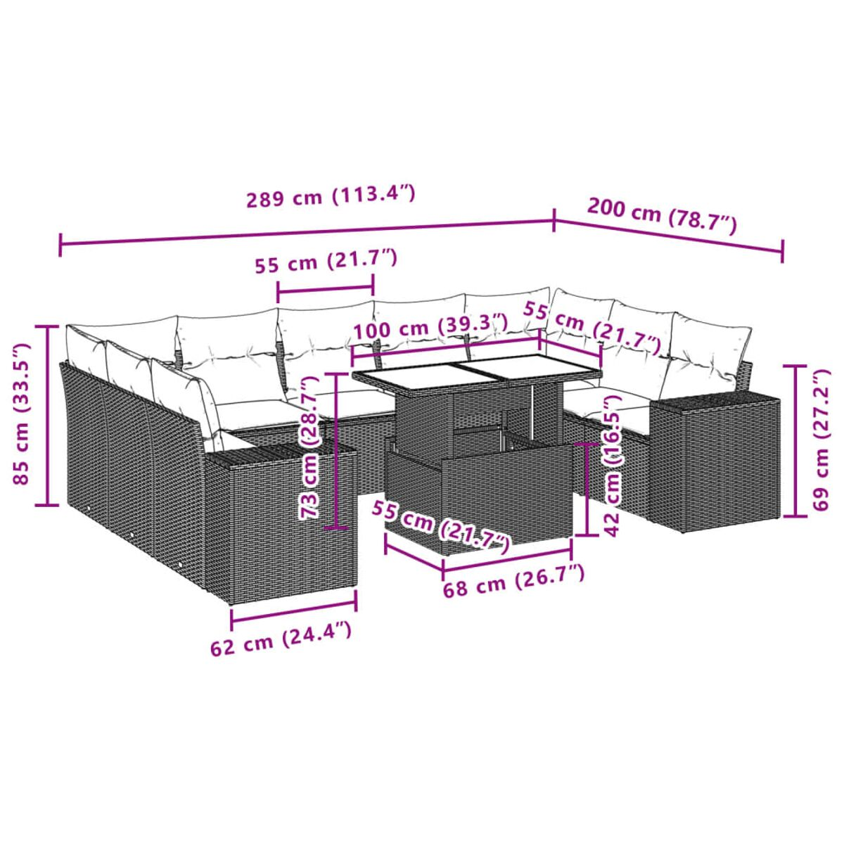 Set di sedute da esterno in vimini. Include un tavolo e due divani. Le dimensioni sono visualizzate.
