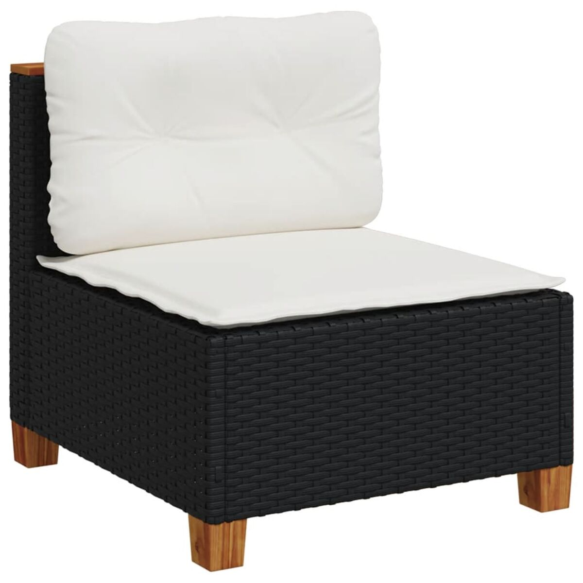 Schwarzer Rattan-Stuhl mit weißem Kissen. Holzbeine. Einfaches, modernes Design.