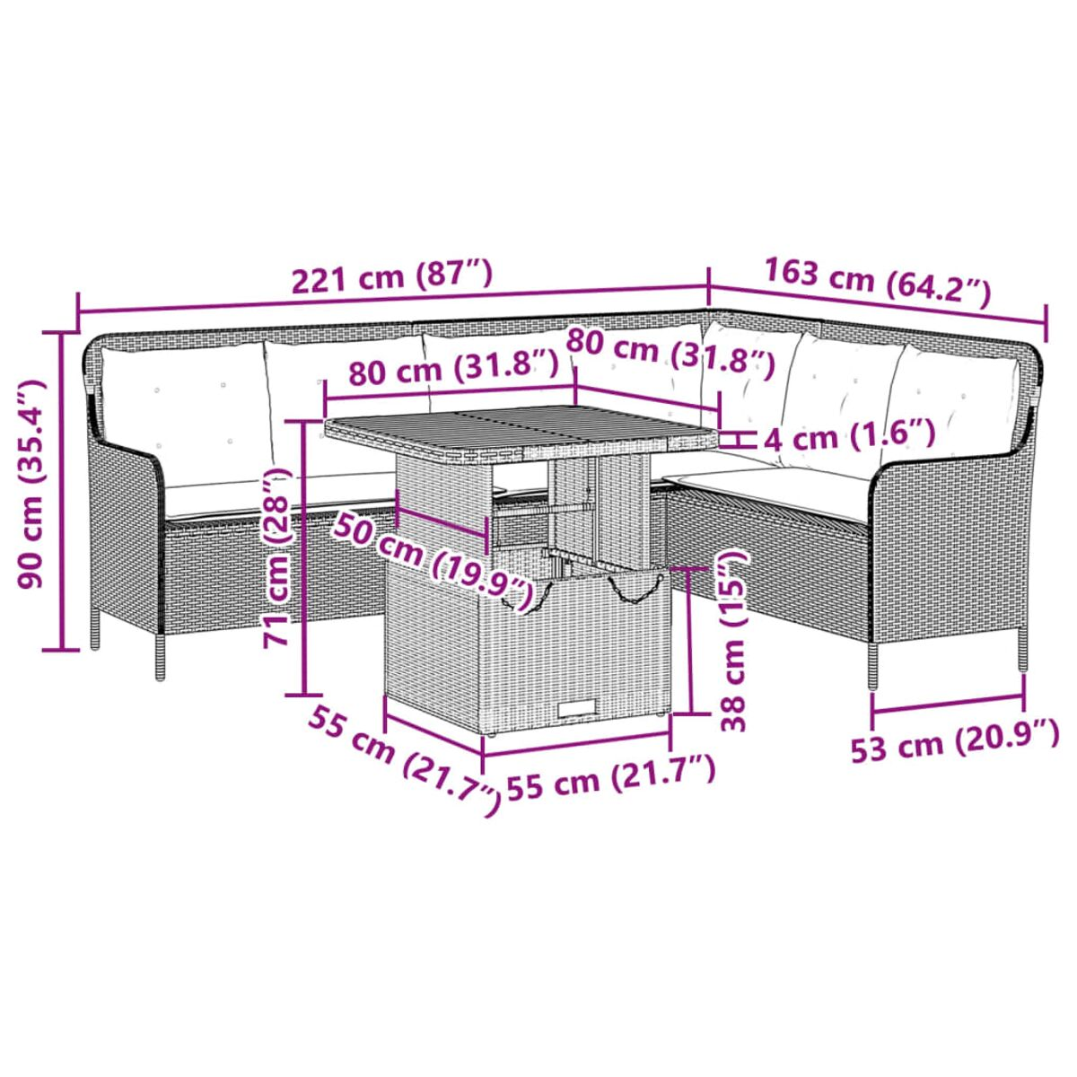 Diagramm eines Outdoor-Korbmöbel-Sets mit Abmessungen in cm und Zoll.