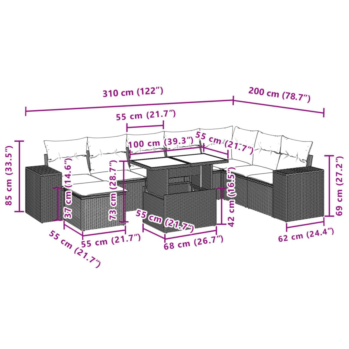 Diagramm eines Rattan-Sofa-Sets mit Maßen in Zentimetern und Zoll.