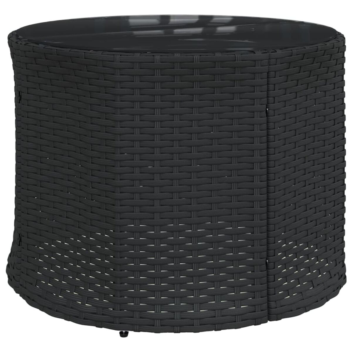 Tavolo cilindrico nero intrecciato con piano in vetro scuro.