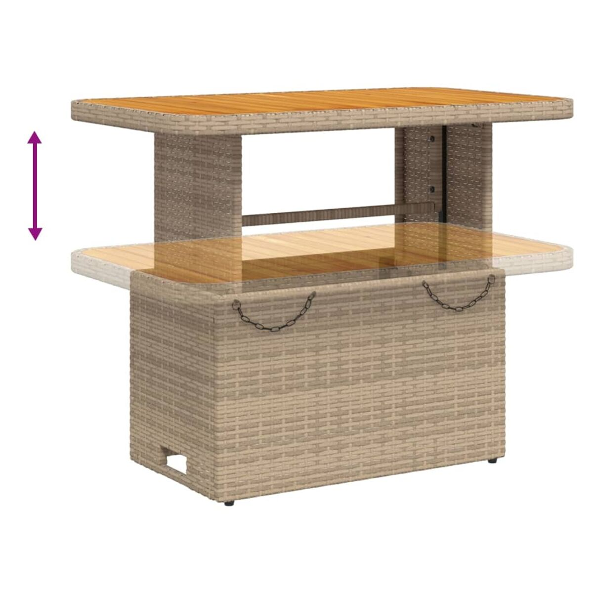 Rechteckiger Korbtisch mit Holzplatte, höhenverstellbar. Er hat eine beige Basis.