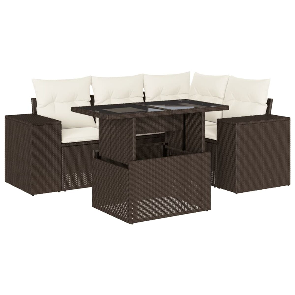 Divano angolare in rattan marrone scuro con cuscini color crema e tavolo con piano sollevabile. Sfondo bianco.