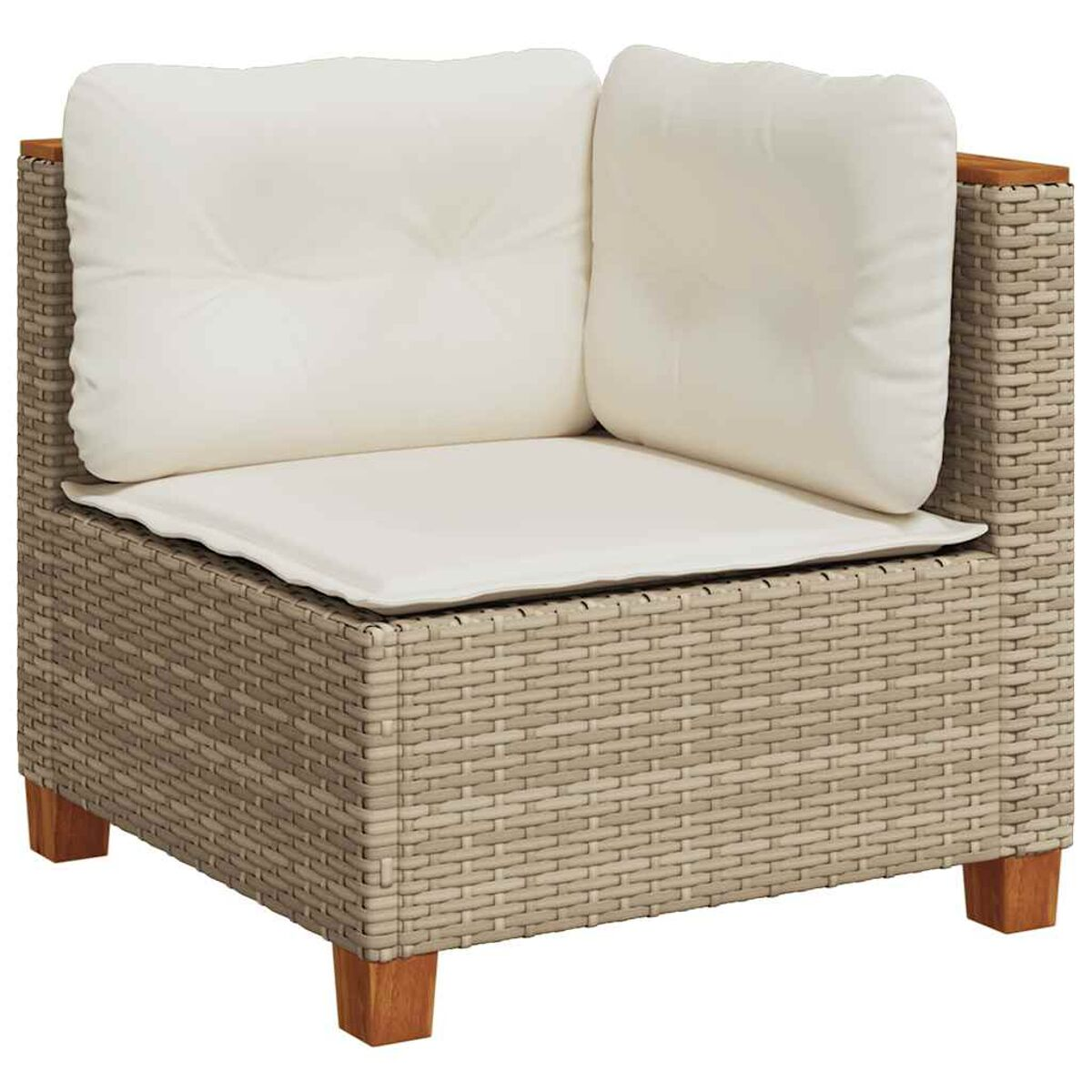 Sedia angolare con vimini beige e due cuscini bianchi.