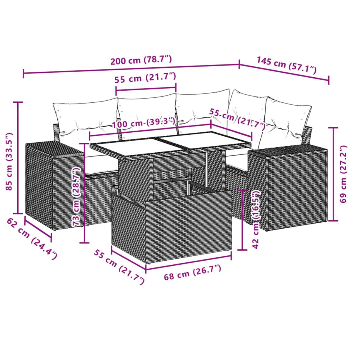 Diagramma di un set di divani componibili per esterni in vimini con un tavolo.