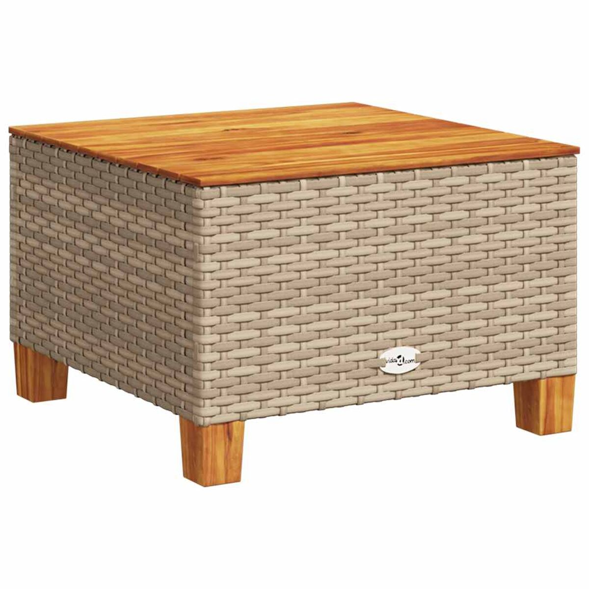 Tavolo quadrato in vimini con piano e gambe in legno. Vimini beige, legno marrone.