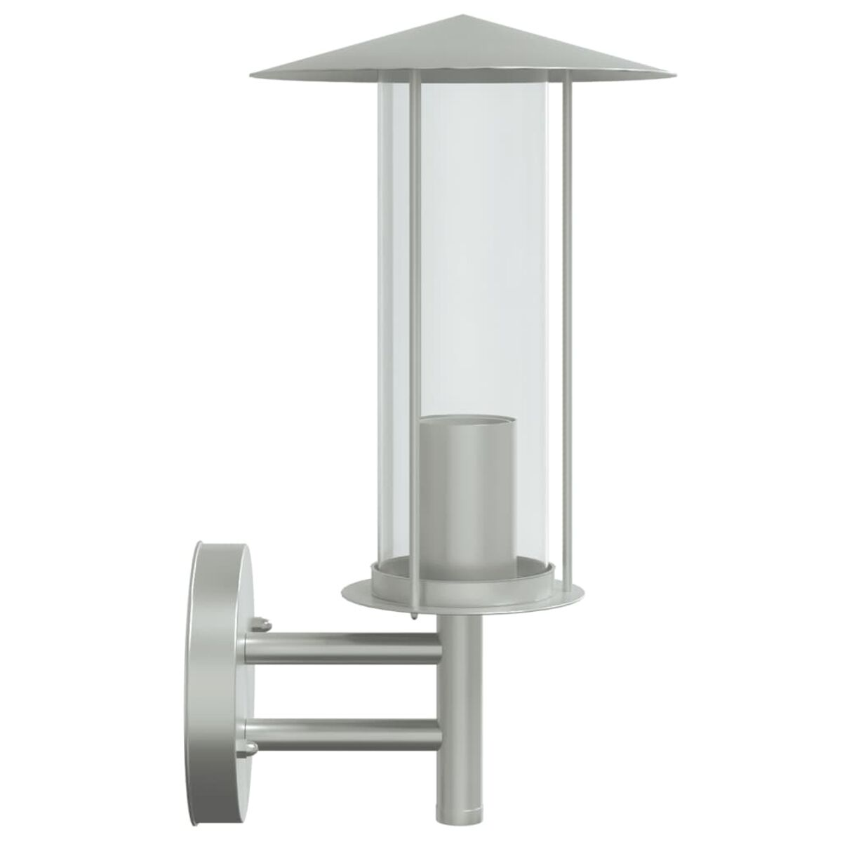 Silberne Außenwandleuchte mit einem durchsichtigen Glaszylinder. Dekoratives Design.
