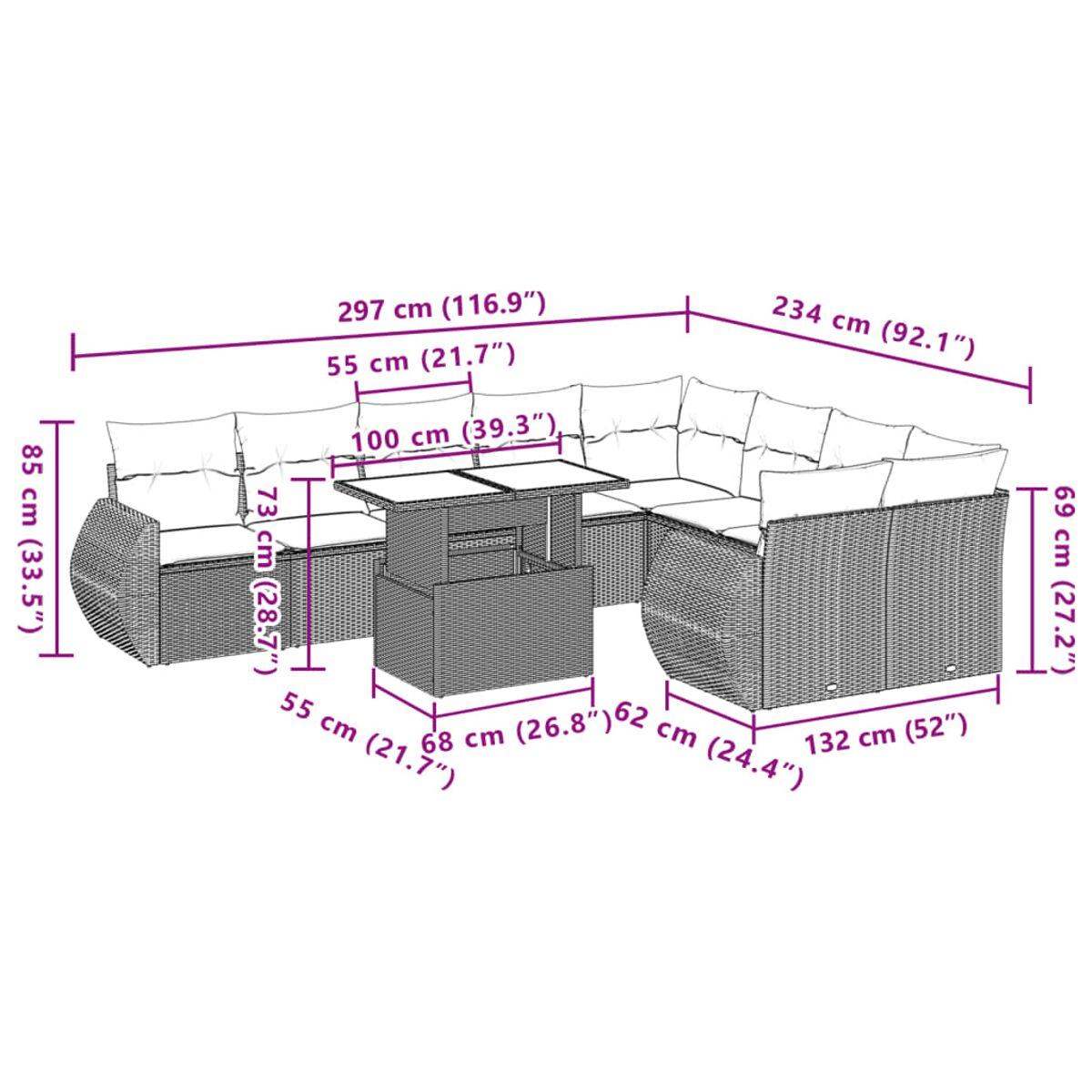 Diagramma di un set di divani in vimini con tavolo alzabile. Dimensioni in cm. Divano e tavolo sono mostrati.