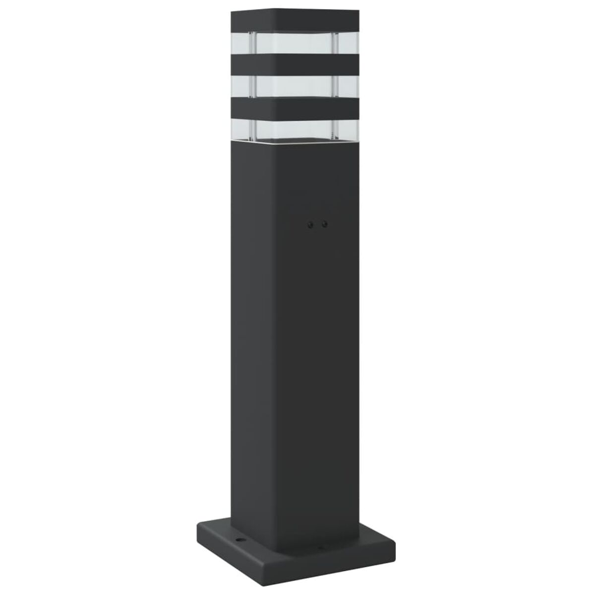 Eine schwarze Außenlaterne mit horizontalen transparenten Streifen.
