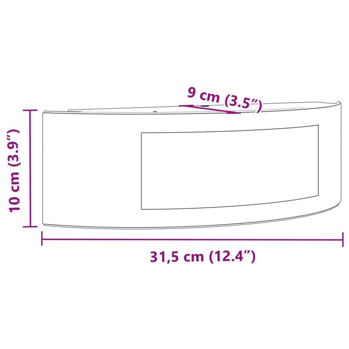 Eine weiße, gebogene Wandleuchte mit Abmessungen in Zentimetern und Zoll.