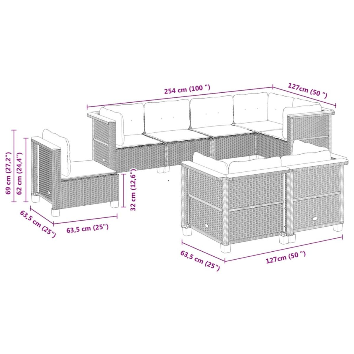 Diagramm eines Outdoor-Sofasets mit Abmessungen. Es hat eine Ecke und einen Einzelstuhl.