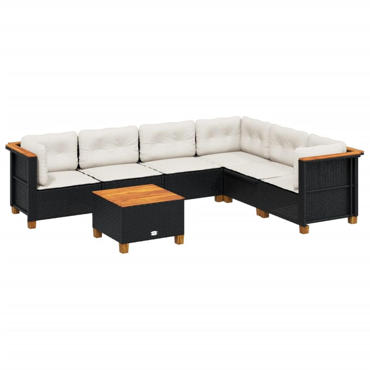 Outdoor-Ecksofa mit Holztisch und schwarzen Kissen auf weißem Hintergrund.