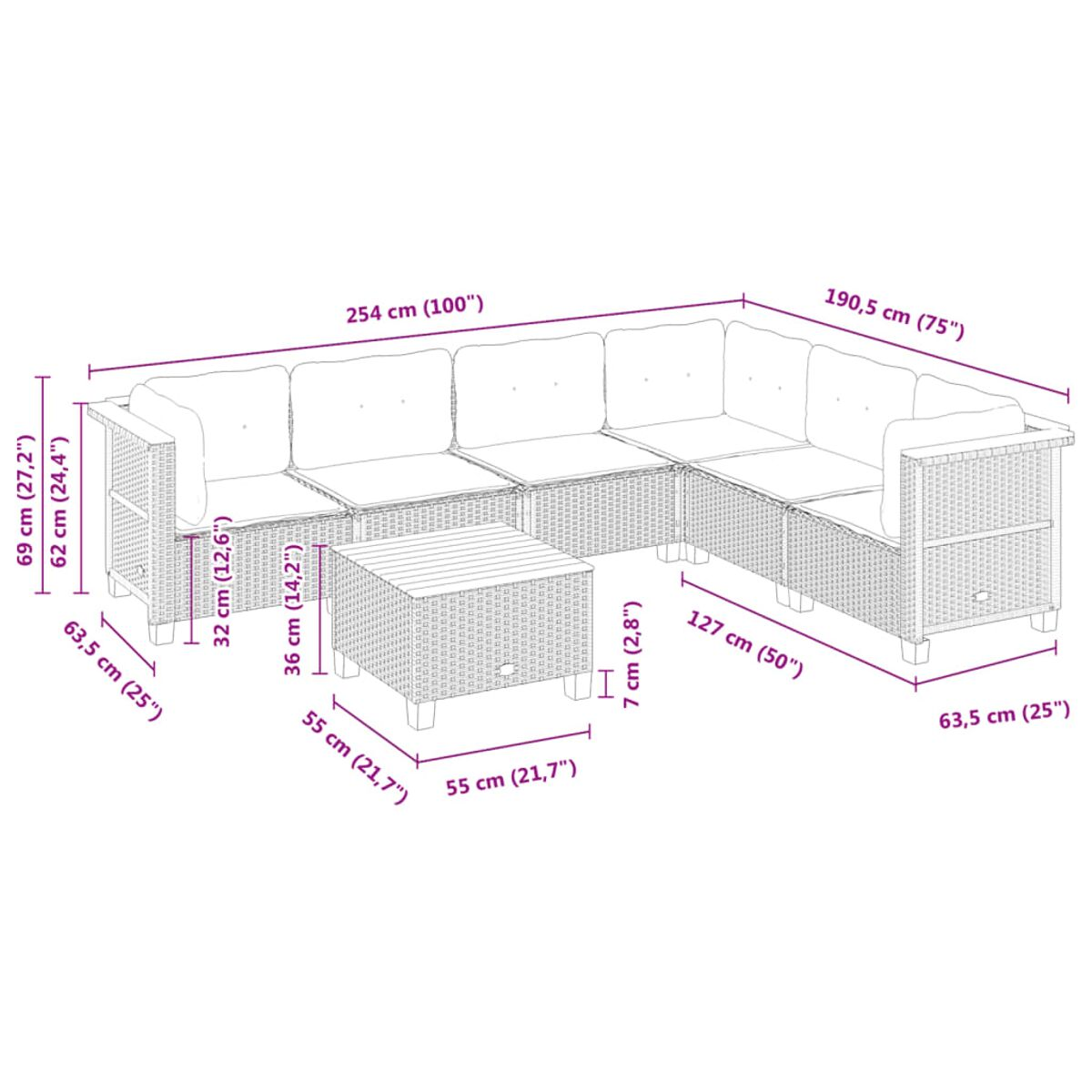 Diagramm eines Korbmöbelsets mit Tisch. Abmessungen in cm. Sofa und Tisch sind abgebildet.