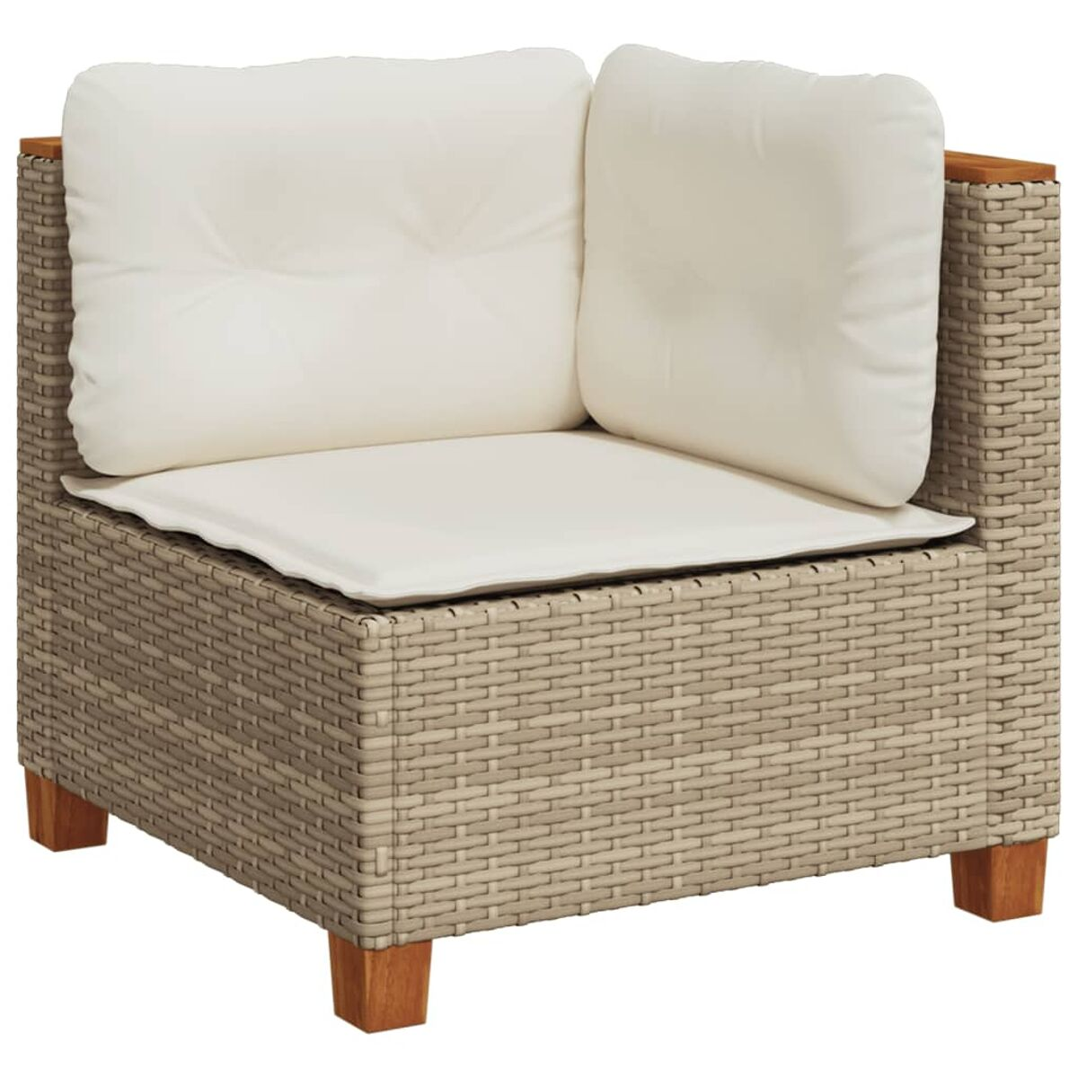 Poltrona angolare in rattan con cuscino bianco, su gambe di legno.