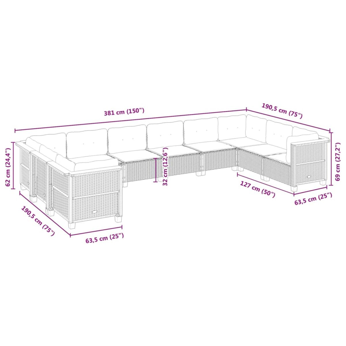 Diagramm des Korbmöbel-Sets für draußen mit Abmessungen in cm und Zoll.