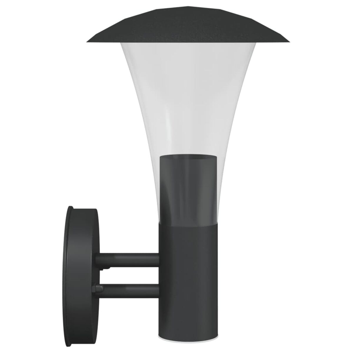 Schwarze Außenlampe mit klarem, konischem Schirm und schwarzem Deckel. Runde Basis zur Montage.