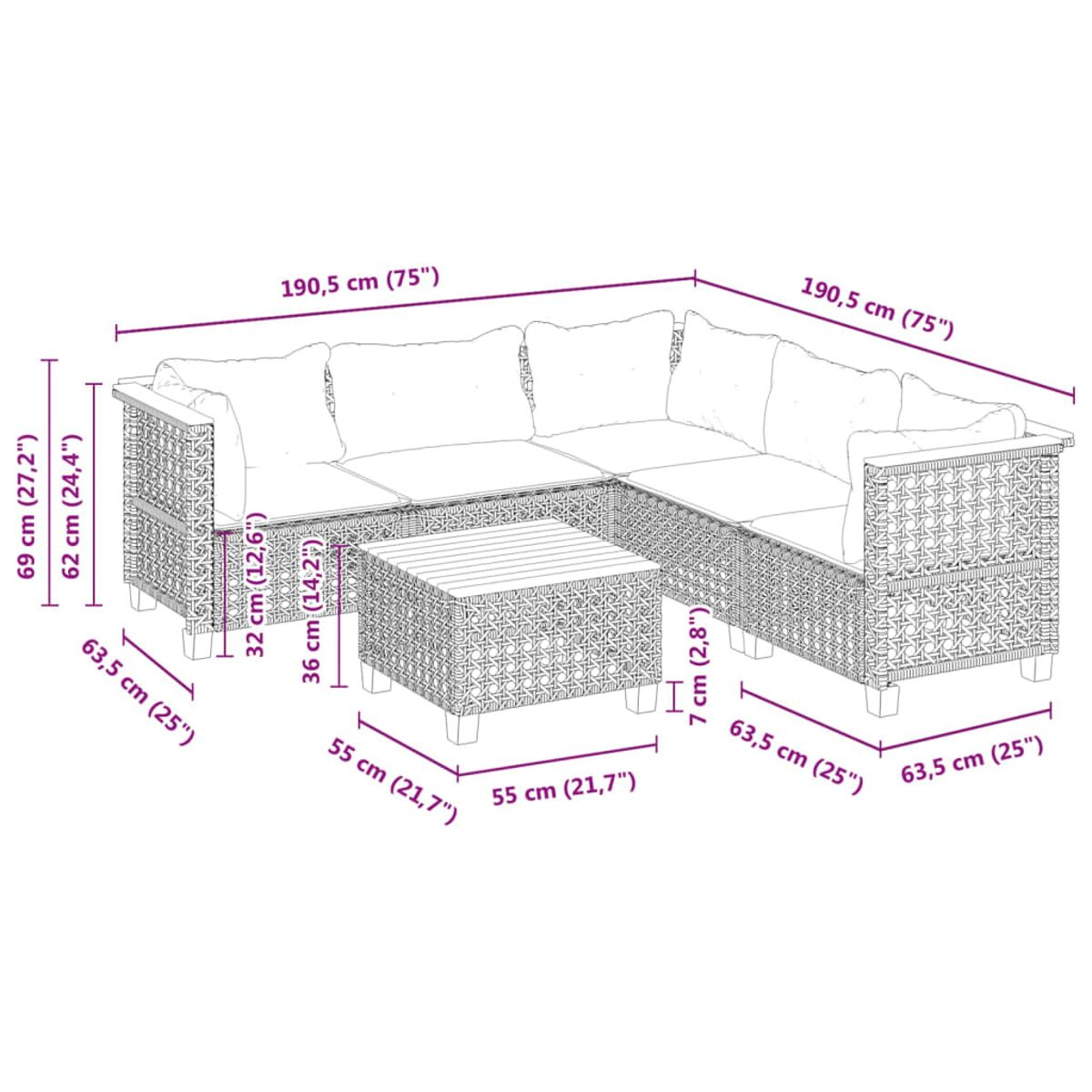 Ecksofa mit Maßen. Zeigt die Abmessungen des Sofas in cm und Zoll.