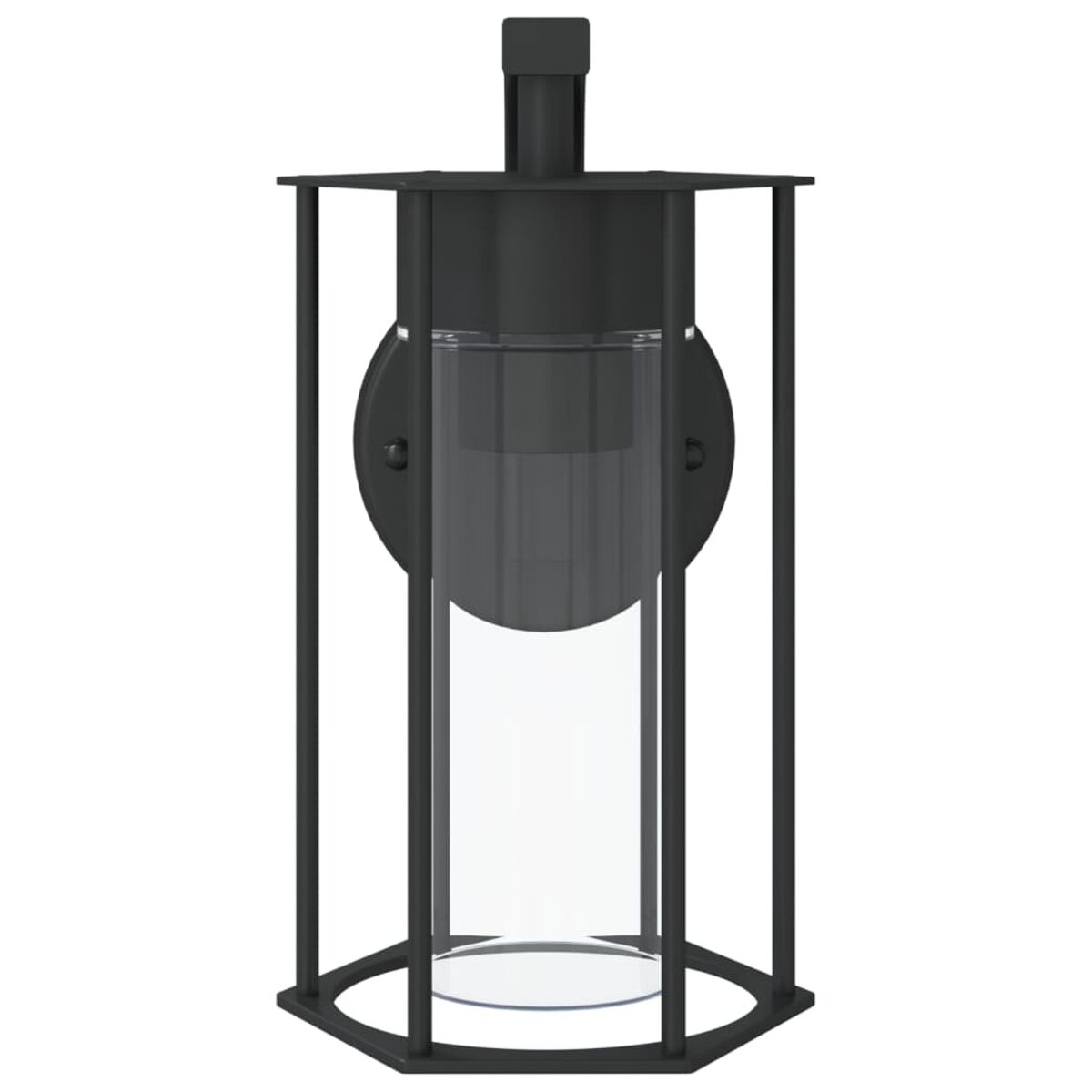 Eine schwarze Außenwandleuchte mit einem Glaszylinder und geometrischem Käfigdesign.