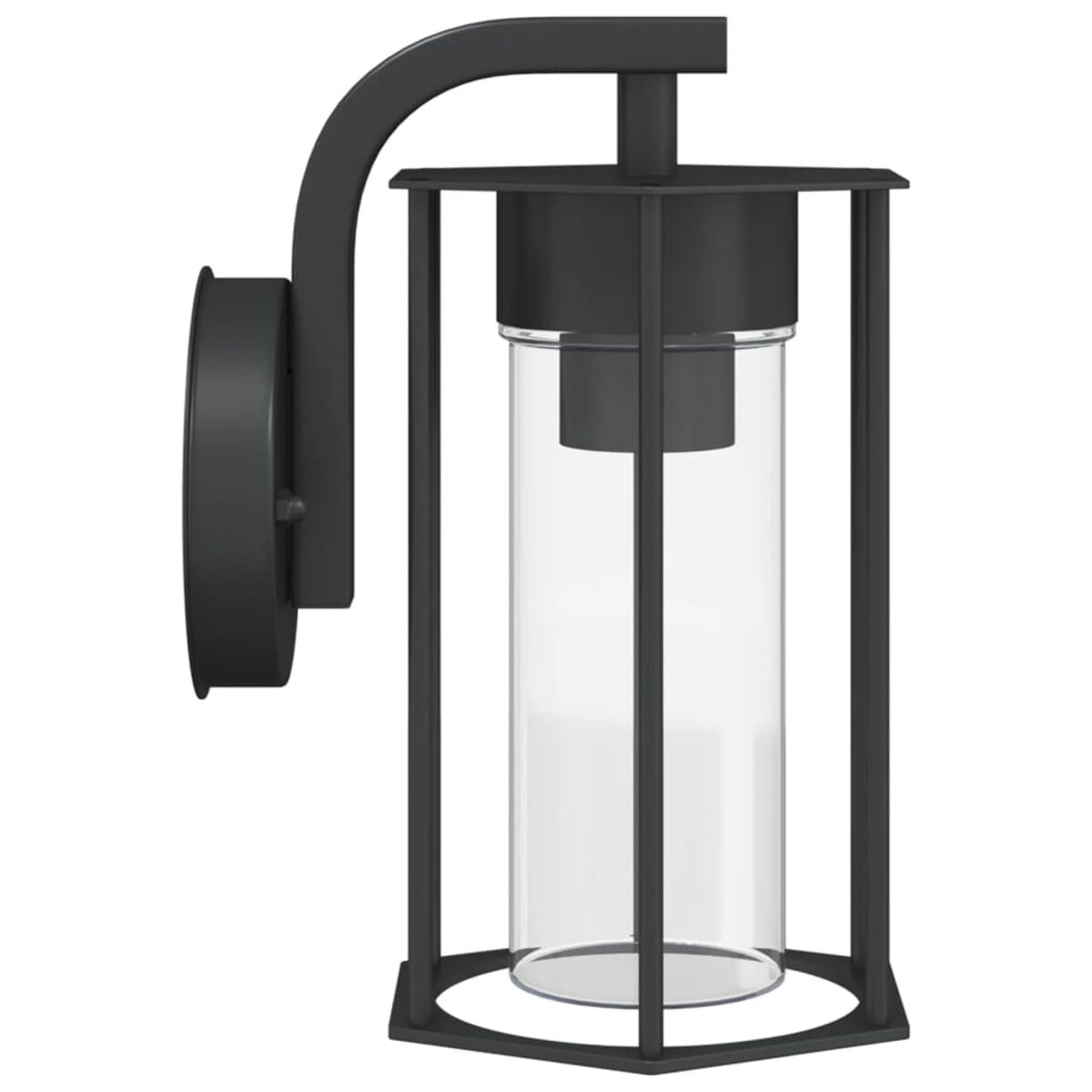Schwarze Außenwandleuchte mit zylindrischem Glasgehäuse. Hat einen gebogenen Arm.