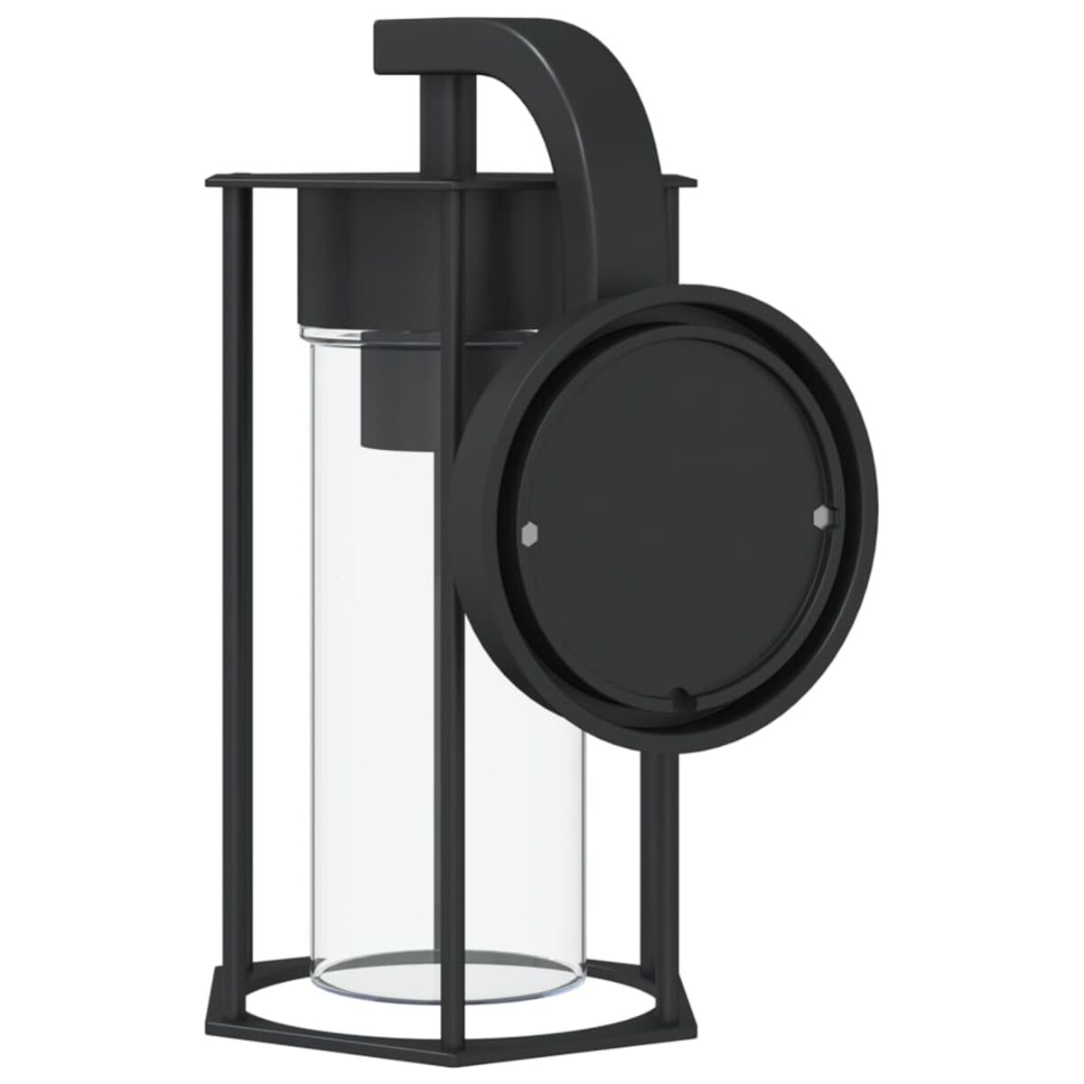 Schwarze Außenwandleuchte mit Glaszylinder und angegebenen Abmessungen.