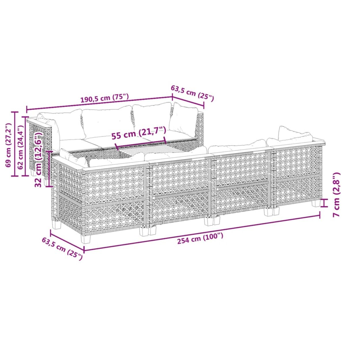 Gartenmöbel-Set aus Korbgeflecht: Sofa und Ecke. Maße sind angegeben.