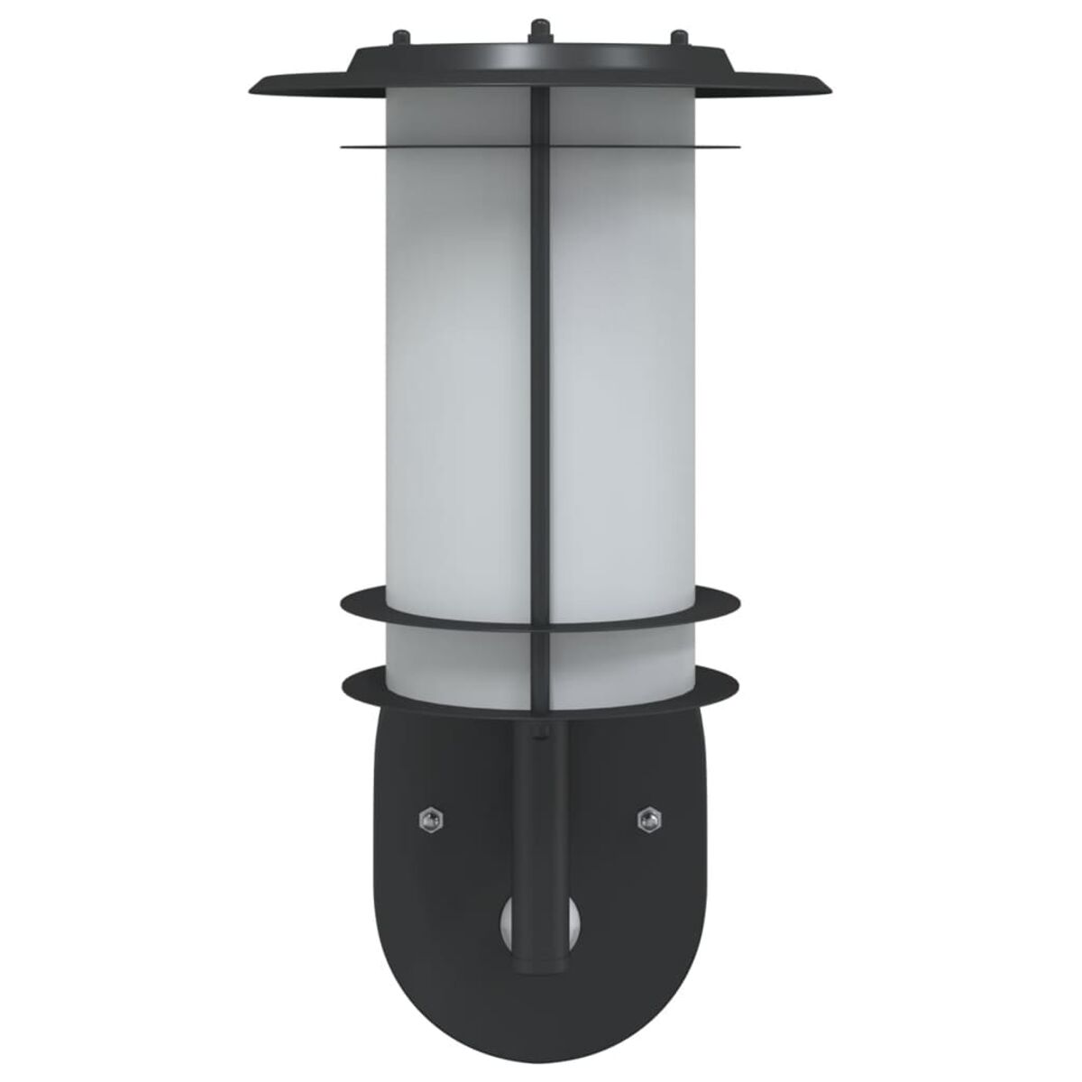 Schwarze Außenwandleuchte. Zylindrisches Milchglas, schwarzer Metallrahmen. An einer Wand montiert.
