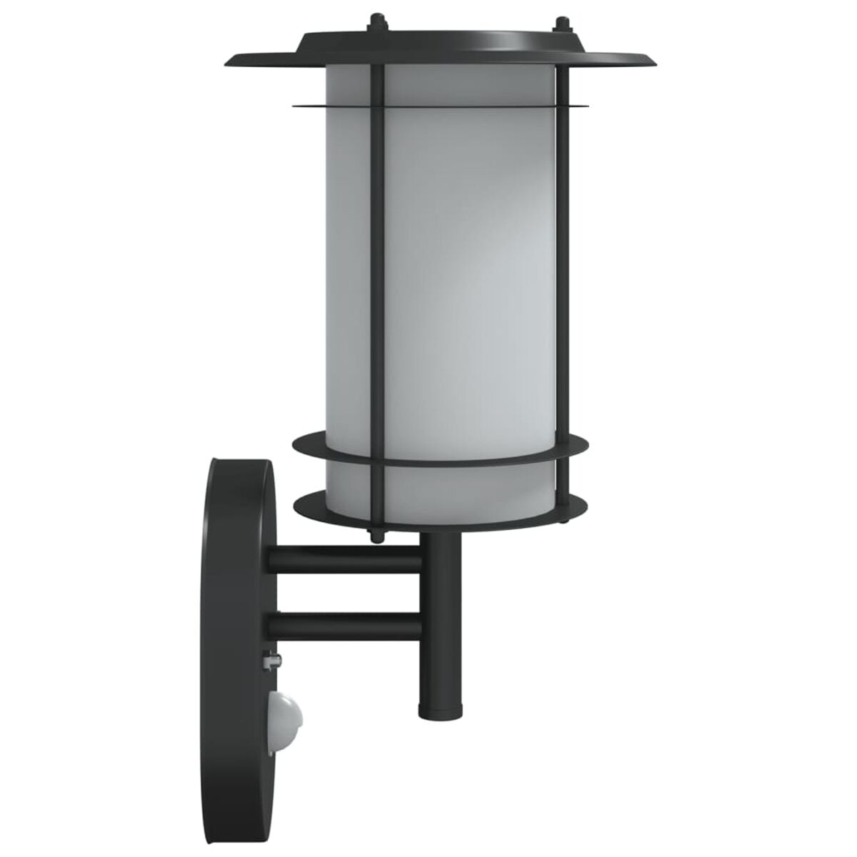 Schwarze Außenwandleuchte mit zylindrischem Licht. Sie hat ein modernes Design und einen Sensor.