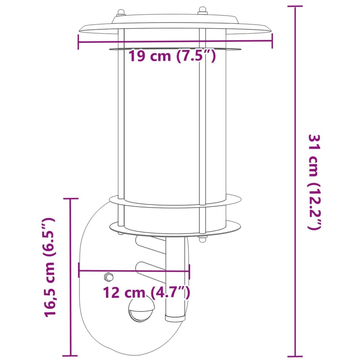 Außenleuchte mit Abmessungen. Die Lampe ist weiß und hat einen silbernen Deckel.