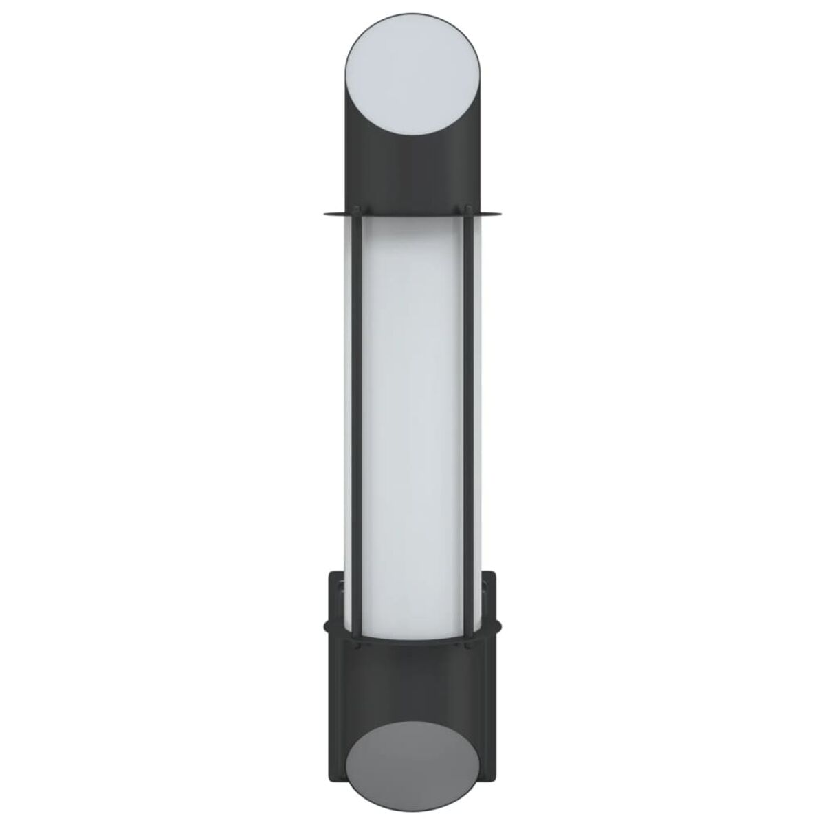 Apparecchio di illuminazione da esterno alto, nero con una colonna luminosa bianca verticale e estremità arrotondate.